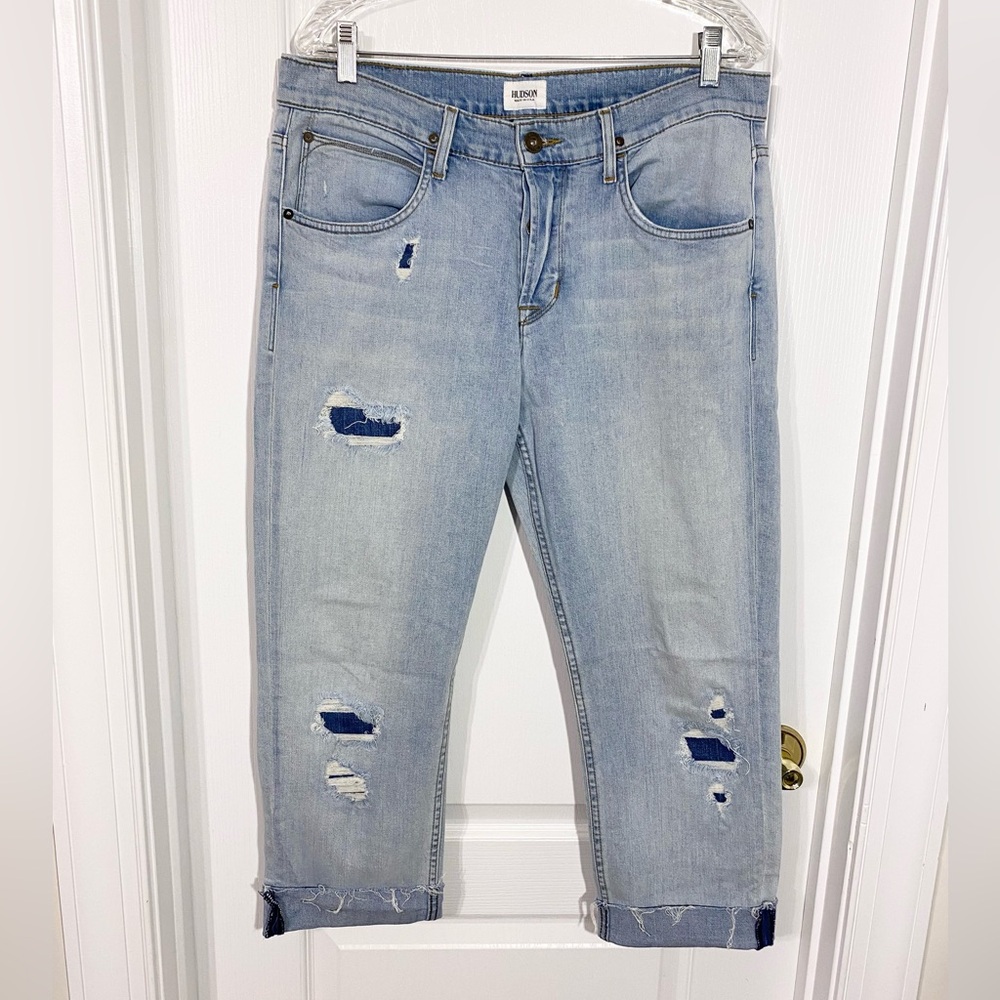 Hudson Distressed Slim Straight Cropped Cuffed Boyfriend Jeans Light Wash Sz 33